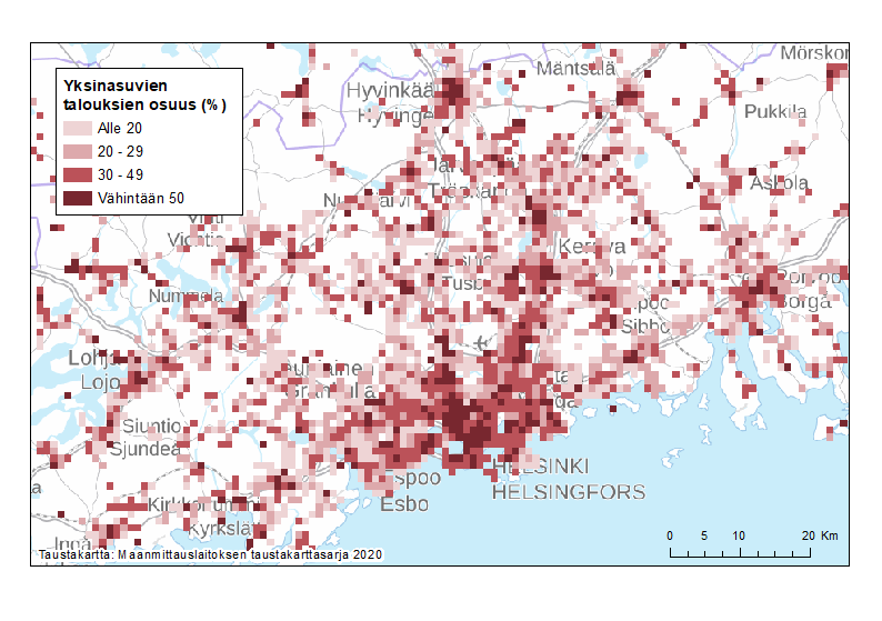 Karttakuva, joka kuvaa yksinasuvien talouksien osuutta. Yksin asuminen on yleisempää kaupunkimaisilla alueilla. Helsingin seudulla yksinasuvien talouksien osuus on suurin pääkaupunkiseudulla. Isossa osassa Helsinkiä yli puoleen kotitalouksista kuuluu vain yksi henkilö.