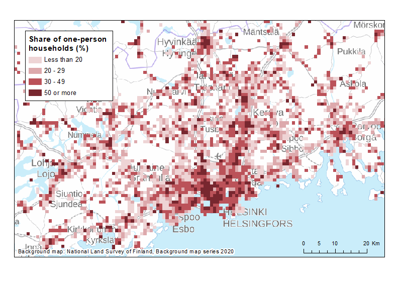 A map image describing the share of one-person households. Living alone is more common in urban areas. In the Helsinki region the share of one-person households is the biggest in Greater Helsinki. In a large part of Helsinki over one-half of households have only one person.