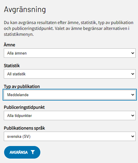 Avgränsningsmenyn för listan över kommande publikationer. Avgränsningsmöjligheterna är Ämne, Statistik, Typ av publikation, Publiceringstidpunkt och Publikationens språk. I punkten Typ av publikation har man valt Meddelande.