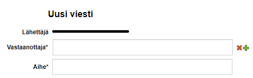 Kuvakaappaus suojatusta sähköpostista. Otsikko "Uusi viesti". Ensimmäisellä rivillä teksti "Lähettäjä", tieto mustattu. Toisella rivillä "Vastaanottaja*" ja tyhjä kenttä. Kolmannella rivillä "Aihe*" ja tyhjä kenttä.