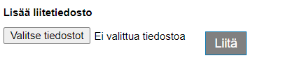 Kuvakaappaus suojatusta sähköpostista. Teksti "Lisää liitetiedosto". Painike "Valitse tiedostot", vieressä teksti "Ei valittua tiedostoa". Painike "Liitä".