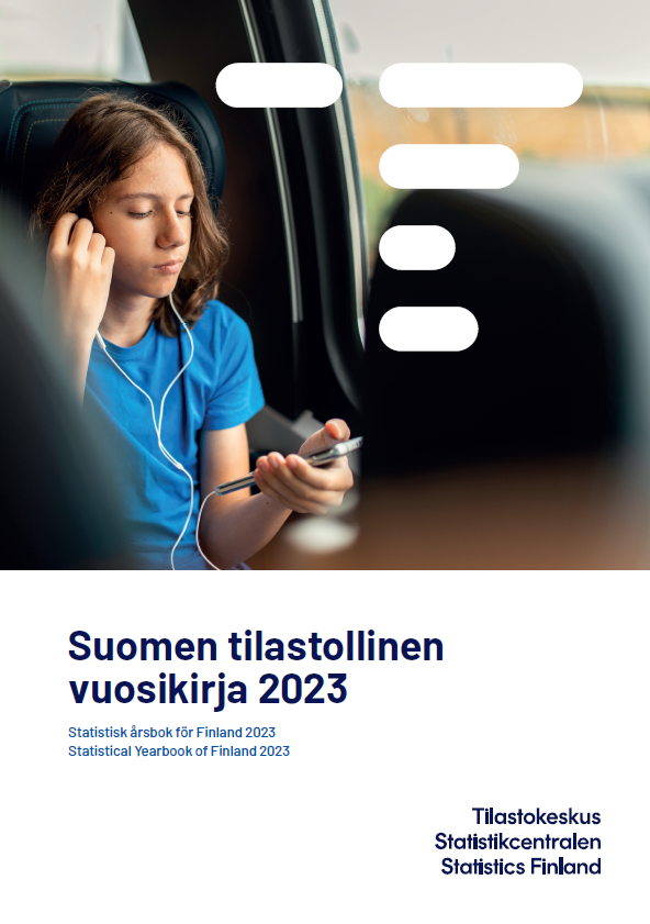 Suomen tilastollisen vuosikirjan 2023 kansi. Kansikuvana nuori kuuntelemassa musiikkia kuulokkeilla puhelimestaan bussissa. Kirjan nimen lisäksi teksti Tilastokeskus.