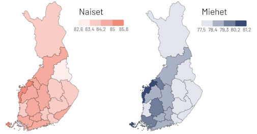 Kartta esittää miesten ja naisten elinajanodotteet otsikon jaksolla. Ne olivat pisimmät Ahvenanmaalla, pojilla 81,2 vuotta ja tytöillä 85,8 vuotta. Lyhyimmät vastasyntyneiden elinajanodotteet olivat puolestaan Kainuussa, pojilla 77,5 vuotta ja tytöillä 82,6 vuotta.