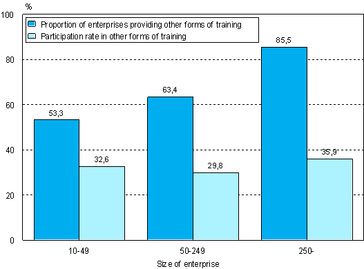 Figure 11. Shares of enterprises having organised other forms of training and participants in it by size class of enterprise in 2005