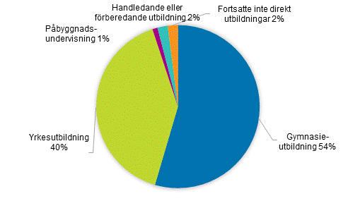 Placering i fortsatta studier direkt efter utgngen av grundskolans nionde klass 2019 (under 18 r), %