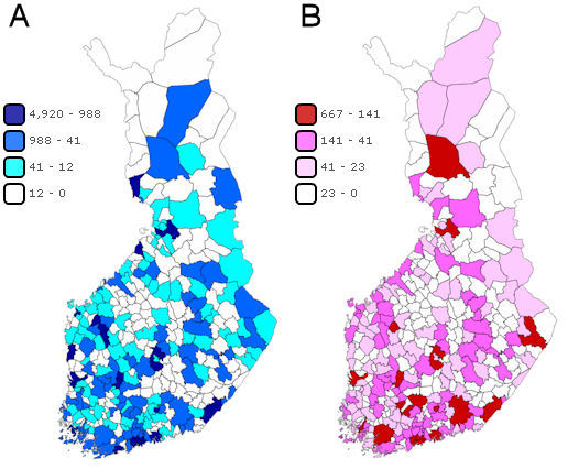 A) Greenhouse gas emissions from the energy sector and industrial processes by municipality in 2010 (1,000 t CO2 eq.), B) Greenhouse gas emissions from transport by municipality in 2010 (1,000 t CO2 eq.)