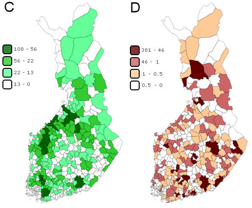 C) Greenhouse gas emissions from agriculture by municipality in 2010 (1,000 t CO2 eq.), D) Greenhouse gas emissions from the waste sector by municipality in 2010 (1,000 t CO2 eq.)