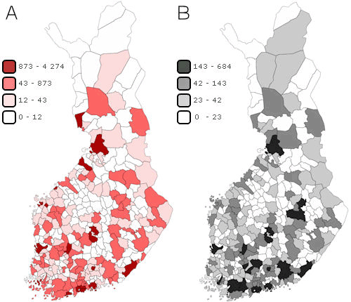 A) Greenhouse gas emissions from the energy sector and industrial processes by municipality in 2011 (1,000 t CO2 eq.), B) Greenhouse gas emissions from transport by municipality in 2011 (1,000 t CO2 eq.)