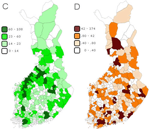 C) Maatalouden kasvihuonekaasupstt Suomessa kunnittain vuonna 2011 (1000 t CO2 ekv.), D) Jtesektorin kasvihuonekaasupstt Suomessa kunnittain vuonna 2011 (1000 t CO2 ekv.)