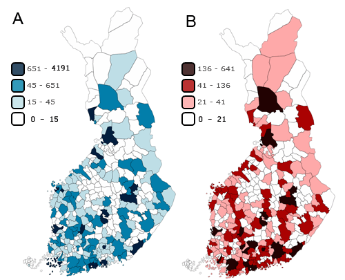 A) Greenhouse gas emissions from the energy sector and industrial processes by municipality in 2012 (1,000 t CO2 eq.), B) Greenhouse gas emissions from transport by municipality in 2012 (1,000 t CO2 eq.)