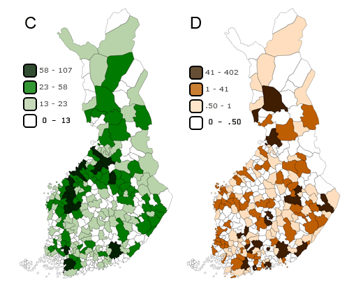 C) Maatalouden kasvihuonekaasupstt Suomessa kunnittain vuonna 2012 (1000 t CO2 ekv.), D) Jtesektorin kasvihuonekaasupstt Suomessa kunnittain vuonna 2012 (1000 t CO2 ekv.)