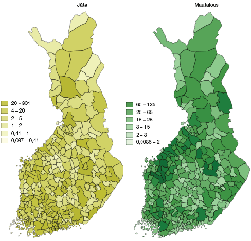 Maatalouden ja jtesektorin kasvihuonekaasupstt Suomessa kunnittain vuonna 2017 (1000 t CO2-ekv.).