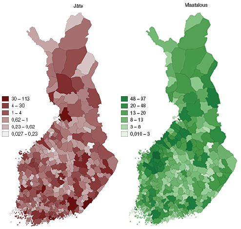 Jtesektorin ja maatalouden kasvihuonekaasupstt Suomessa kunnittain vuonna 2018 (1000 t CO2-ekv.)