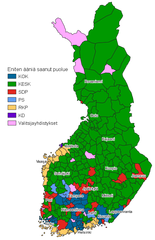 Liitekuvio 1. Kartta: Eniten ni saanut puolue kunnittain kuntavaaleissa 2021, koko maa