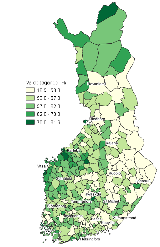 Figurbilaga 2. Karta: Valdeltagandet kommunvis i kommunalvalet 2021, hela landet