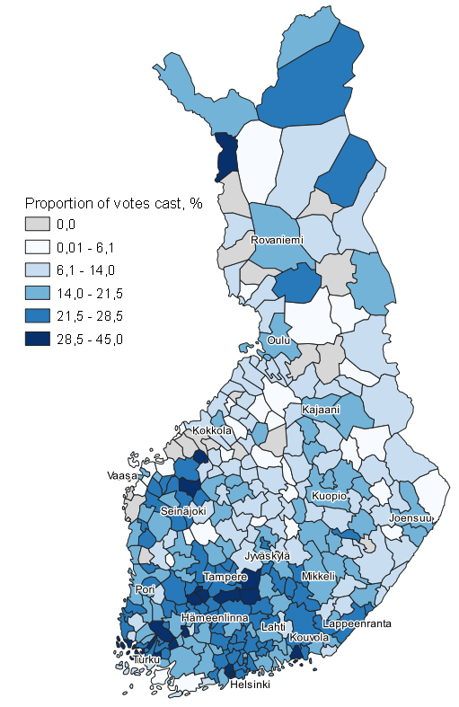 Appendix figure 3. Map: Support for the National Coalition Party by municipality in Municipal elections 2021, whole country