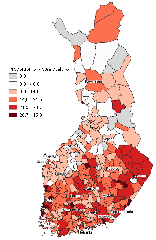 Appendix figure 4. Map: Support for the Social Democratic Party by municipality in Municipal elections 2021, whole country