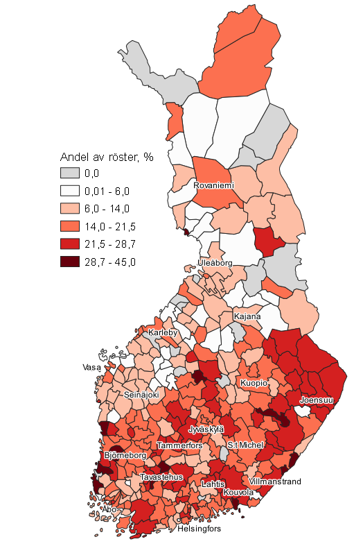 Figurbilaga 4. Karta: SDP:s vljarstd kommunvis i kommunalvalet 2021, hela landet 