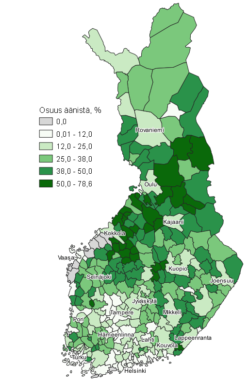 Liitekuvio 5. Kartta: Keskustan kannatus kunnittain kuntavaaleissa 2021, koko maa