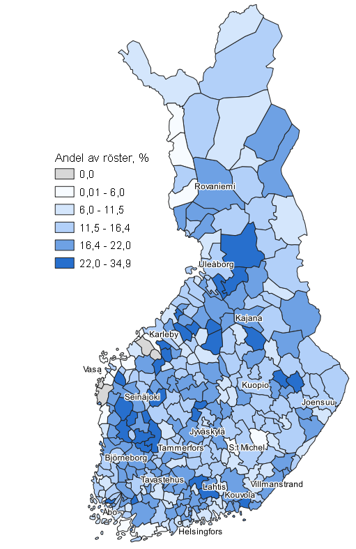 Figurbilaga 6. Karta: Sannfinlndarnas vljarstd kommunvis i kommunalvalet 2021, hela landet 