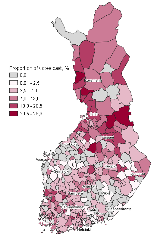 Appendix figure 8. Map: Support for the Left Alliance by municipality in Municipal elections 2021, whole country