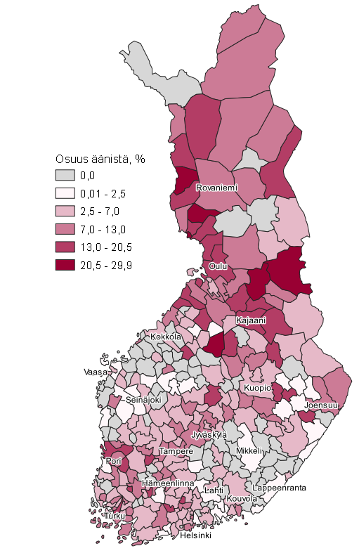 Liitekuvio 8. Kartta: Vasemmistoliiton kannatus kunnittain kuntavaaleissa 2021, koko maa