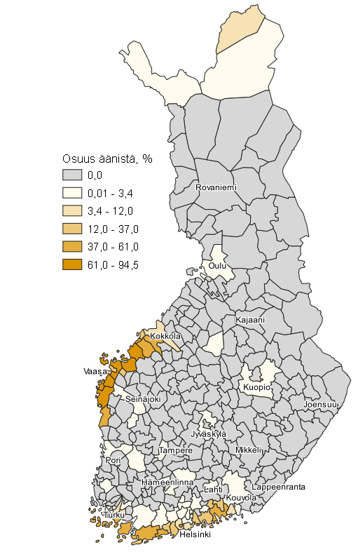 Liitekuvio 9. Kartta: RKP:n kannatus kunnittain kuntavaaleissa 2021, koko maa