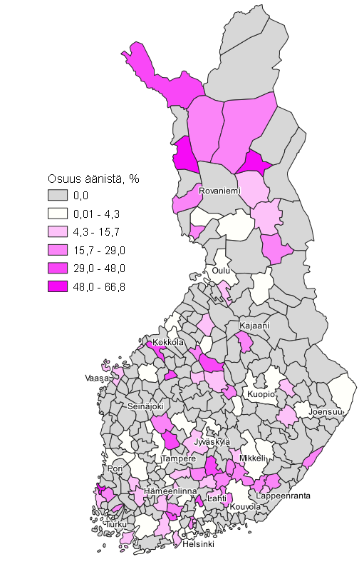 Liitekuvio 11. Kartta: Valitsijayhdistysten kannatus kunnittain kuntavaaleissa 2021, koko maa