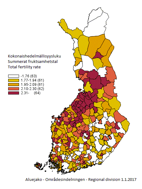 Liitekuvio 4. Kokonaishedelmllisyysluku kunnittain vuosilta 2012–2016