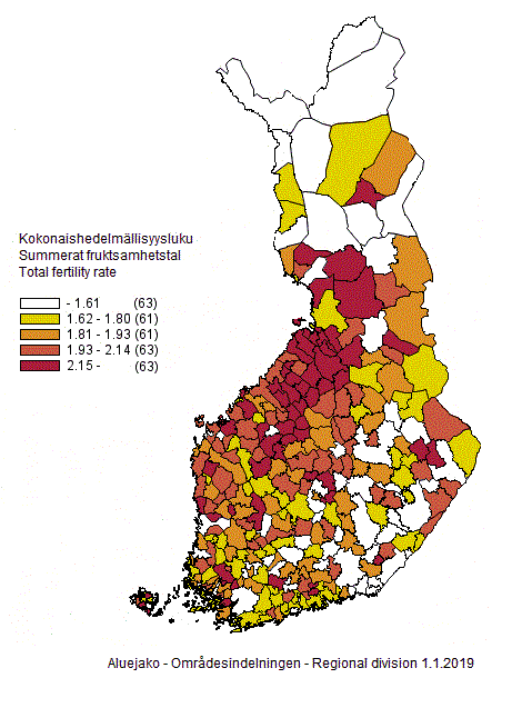 Liitekuvio 3. Kokonaishedelmllisyysluku kunnittain vuosilta 2014–2018