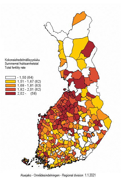 Liitekuvio 2. Kokonaishedelmllisyysluku kunnittain vuosilta 2016–2020