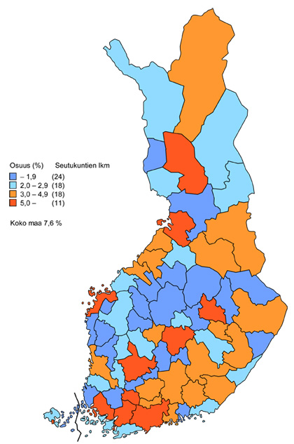 Informaatiosektorin typaikkojen osuus (%) kaikista typaikoista vuonna 2008 (aluejako 1.1. 2010 mukainen)