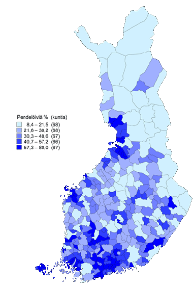 Ulospendelivien osuus (%) tyllisist kunnittain 31.12.2009