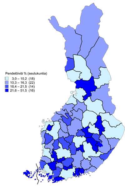 Ulospendelivien osuus (%) tyllisist seutukunnittain 31.12.2009