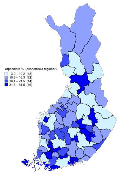 Andelen utpendlare bland de sysselsatta (%) efter ekonomisk region 31.12.2009