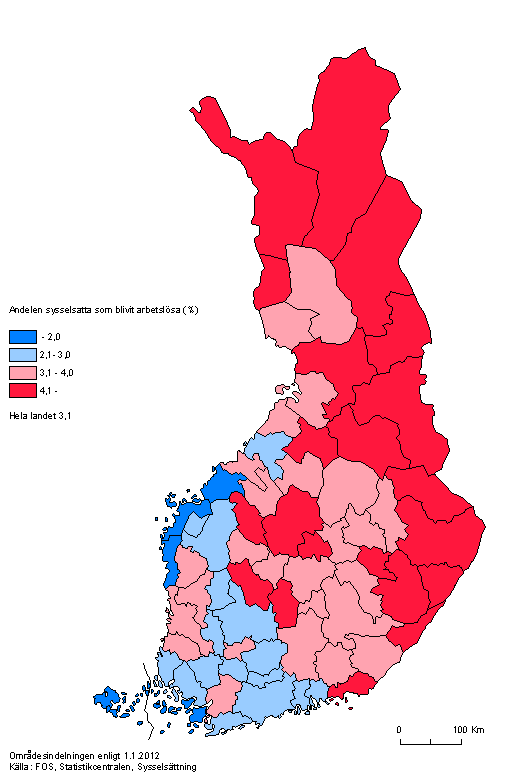 Figurbilaga 1. Risken fr arbetslshet dvs. andelen sysselsatta som blivit arbetslsa (%) efter ekonomisk region 2011