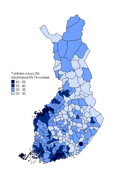 Liitekuvio 1. Tyllisten osuus (%) 55–74-vuotiaista kunnittain vuonna 2012 (ennakkotieto)