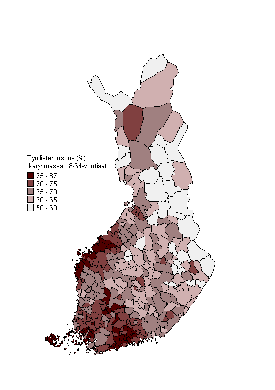 Liitekuvio 2. Tyllisten osuus (%) 18–64-vuotiaista kunnittain vuonna 2012 (ennakkotieto)