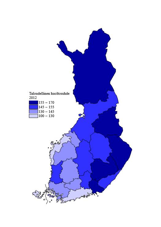 Liitekuvio 1. Taloudellinen huoltosuhde maakunnittain 2012