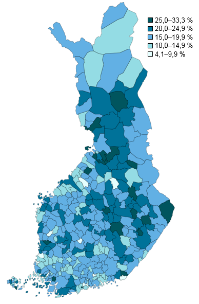 Terveys- ja sosiaalipalvelujen typaikkojen osuus kunnittain vuonna 2014, %