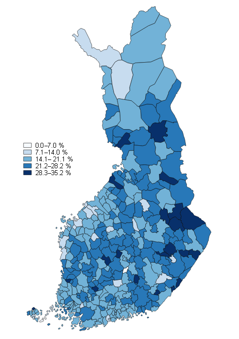 Share of persons aged 18 to 24 not working or studying among the correspondingly aged population by municipality in 2016, %