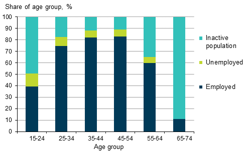 Figure 8. Shares of employed and unemployed persons, and inactive population of age group in 2015, %