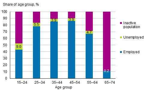 Figure 8. Shares of employed and unemployed persons, and inactive population of age group in 2019, %