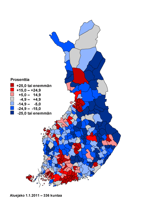 Liitekuvio 5. Vkiluvun muutos kunnittain 1980–2010, prosenttia