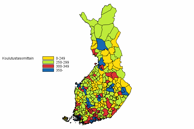 Liitekuvio 4. 20 vuotta tyttneen vestn koulutustaso kunnittain 2012 (kartta)