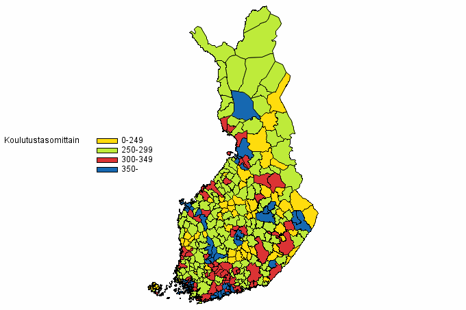 Liitekuvio 4. 20 vuotta tyttneen vestn koulutustaso kunnittain 2013 (kartta)